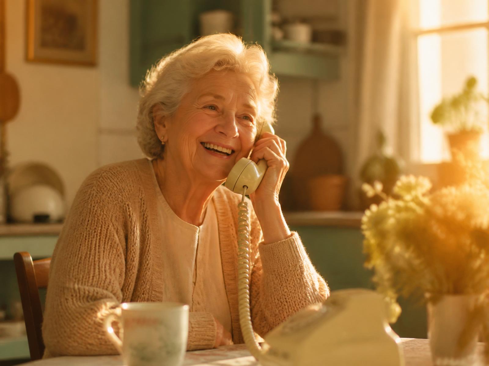 Smiling elderly woman on a phone call in a warm sunlit kitchen